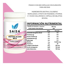 Biotina 10,000 mcg  Colgeno  cido Hialurnico  Magnesio  500 Cpsulas  Cabello, Piel y Uas  Saisa Herbal Premium                                        