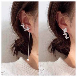 Allereya Vintage Crystal Butterfly Dangle Earrings Rhinestone Butterfly Earrings Long Pearl Drop Earrings Silver CZ Long Chain Tassel Earrings Jewellery for Women and Girls