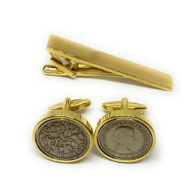 Premium 1955 Lucky sixpence cufflinks for a 70th Birthday cufflinks HT GLD Tie Clip Set