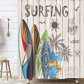 Rustic Beach Shower Curtains, Tropical Surfboard Palm Tree on Beige Wooden Plank Summer Surfing Shower Curtain for Bathroom Decor Polyester Fabric Bathtub Curtain with Hooks Waterproof 69x70inches
