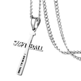 HZMAN Softball Bat Cross Pendant Necklace for Men Player Stainless Steel Inspiring Bible Verse Softball Necklace Jewelry Gift (Silver)