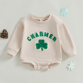 Amnnchya St Patricks Day Baby Boy Girl Outfit Charmer Long Sleeve Shamrock Sweatshirt Romper Newborn Fall Clothes (Khaki, 0-3 Months)