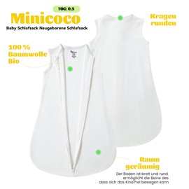 Minicoco Baby Sleeping Bag Newborn Sleeping Bag, 0.5 Tog, 100% Organic Cotton, Lightweight and Soft, 0-6 Months, White