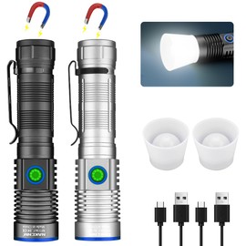 NAKCNM Magnetic Flashlight LED Rechargeable Flashlights High Lumens, 25000lm 4 Modes with Clip&Diffuser, Waterproof Super Bright Flashlights for Home Emergency Camping, Dimmable (Black+Silver)