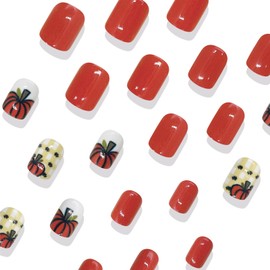 Fall Press on Nails Short Square Fake Nails with Designs Pumpkin Stick on Nail French Acrylic False Nail Thanksgiving Artificial Nail Press ons Glossy Full Cover Glue on Nails for Women