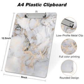 Piasoenc Plastic Clipboard, Cute Decorative Clipboards, 12.5" x 9"inch, A4 Standard Letter Size Hard Clipboard with Metal Clip, Office Clip Boards for Nurses, Students, Office, White Marble