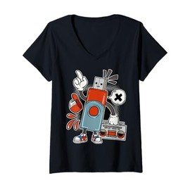 Womens X Retro Robot Character Fun Cartoon Boom Box Flash Drive V-Neck T-Shirt