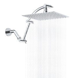 Hibbent All Metal Rain Shower Head, 10'' High Pressure Rainfall Square Showerhead with 16" Shower Head Extension Arm, Solid Brass Adjustable Shower Arm Extender, Waterfall fixed Showerheads, Chrome