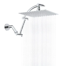 Hibbent All Metal Rain Shower Head, 10'' High Pressure Rainfall Square Showerhead with 16" Shower Head Extension Arm, Solid Brass Adjustable Shower Arm Extender, Waterfall fixed Showerheads, Chrome