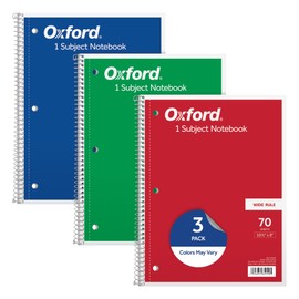 Oxford 1-Subject Notebooks, School Journal, 8 x 10-1/2 Inch, Wide Rule Paper, 70 Sheets, 3-Hole Punch, 3 Pack, Red, Blue, Green, Color Assortment May Vary (65029)