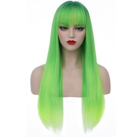 BERON Green Ombre Wigs Straight Long Hair Wigs with Bangs Women Fashion Heat Resistant Synthetic Natural Looking Wig for Cosplay Party or Daily Use