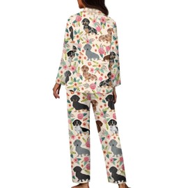 chaqlin Women Pajamas Set, Cute Loungewear Pajamas Set 2 Pieces Long Sleeve Homewear Lounge Set Pajamas Button Down Sleepwear, Cute Dachshund Flower