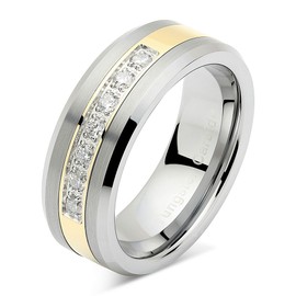 100S JEWELRY Mens Tungsten Ring Cz Inlay Gold Plated Titanium Color Wedding Band Beveled Edge Size 6-16 (16)