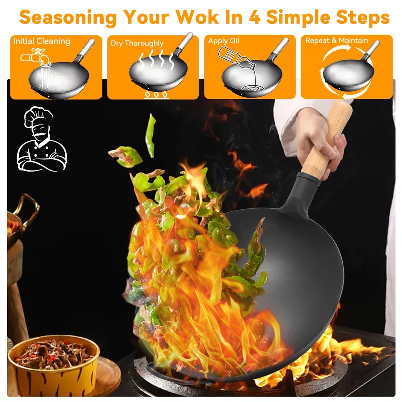 WANGYUANJI 13.4" Round-Bottom Iron Wok, Deep Chinese Stir-Fry Pan (Seasoning