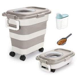 Beyoung 25-28lbs Airtight Dog Food Storage Containers with Wheels and Lids, Collapsible Pet Food Storage Bins with Handle, 50lb Rice Storage Bucket with Scoop, Dry Food Storage Bins (Khaki)
