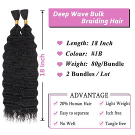 Samtress 18 Inch Deep Wave Bulk Braiding Hair Natural Black 20% Human Hair Mixed Quality Synthetic Curly Hair Extensions Wet and Wavy Boho Braids No Weft 2 Bundles (#1B)