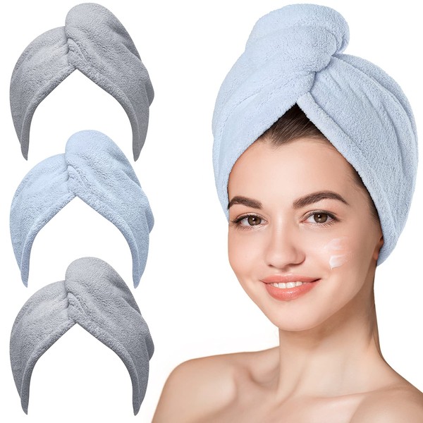 Microfiber Hair Towel,Hicober 3 Packs Hair Turbans for Wet Hair, Drying Hair Wrap Towels for Curly Hair Women Anti Frizz(Grey,Blue,Grey)