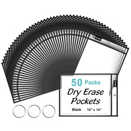 SUNEE 50 Packs Oversized Reusable Dry Erase Pocket Sleeves with 3 Rings, Black 10x14 Ticket Holders, Clear Plastic Sheet Protectors, Teacher School Classroom Supplies