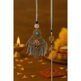 Aijani Bhaiya Bhabhi Rakhi with Evil Eye & Lotus Design | Antique Silver Plated Rakhi Set with Beads, Tassels & Leaf Charm | Raksha Bandhan Gift for Brother & Sister-in-Law