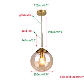 AULLAZFR 7.8 in Grey Glass Globe Pendant Light Fixtures and Gold Brass Finish Simple Style Glass Ball Pendant Hanging Lamp for Bedside(Grey)