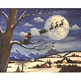 8x10 PRINT OF PAINTING RYTA XMAS BLACK CAT WINTER LANDSCAPE GIFT Santa Folk Art