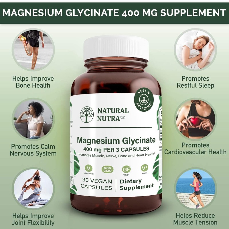 Natural Nutra Magnesium Glycinate 400 mg Supplement, Promotes Cardiovascular Health,