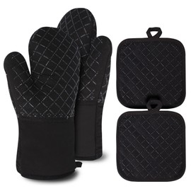 Clocness Pot Holder Glove, Oven Gloves, Heat Resistant, Non-Slip Oven Gloves, Set of 4, Heat Resistant up to 300 °C, Black