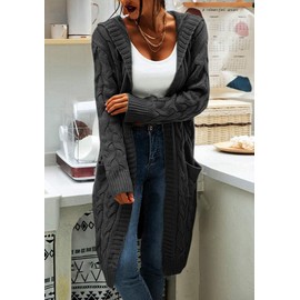 GeGekoko Women's Cardigan with Hood and Pockets, Casual, Long-Sleeved Chunky Knit Cardigan with Open Front, for Autumn, Winter, darkgray