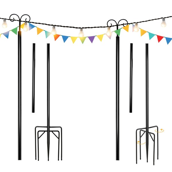 Goplus String Light Pole for Outside, 2 Pack 8ft Outdoor Metal Poles with Hooks for Hanging String Lights, Heavy Duty Garden, Backyard, Patio Light Poles Stand for Deck, Parties, Wedding