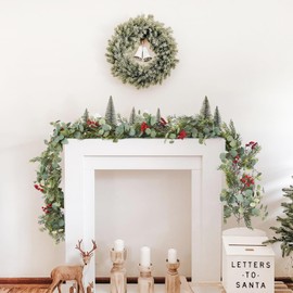 JoyHome 6ft Christmas Pine Garland Decoration, Artificail Red Berry Garland Christmas Cypress Garland Eucalyptus Leaves for Winter Holiday Fireplace Mantel Table Home Decor
