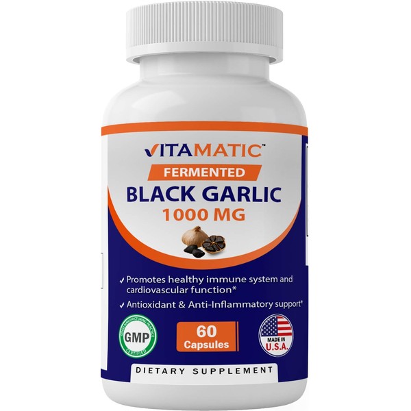Vitamatic Fermented Black Garlic Extract 1000 mg 60 Capsules - Non-GMO, Gluten Free - Antioxidant and Cholesterol Support