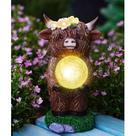 Yeomoo Solar Highland Cow Garden Ornaments - Outdoor Figurine with Glowing Ball and Flower Fairy Lights Lawn Balcony Art Yard Decor - Gifts for Women Mum & Gardening Gifts(Brown)