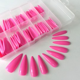 Lifextol 100PC Medium Long Stiletto Press on Nails Glossy Fake Nail Full Cover Acrylic Long Stiletto Nail Tips False Nails for Beginner Women and Girls Manicure(Rose Red）