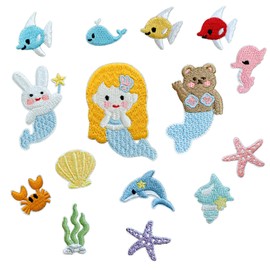MXCOIRTP 15PCS Mermaid Self Adhesive Stickers Iron on Patches for Girl, Funcolor Sea Beach Embroidered Applique Sew on Patch for Birthday Parties, Clothes, Hats, Jeans, Dress, Backpacks