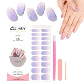 WOKOTO Semi Cured Gel Nail Strips, 20 Pcs Purple Gradient Glitter Semi Cured Gel Nail Stickers Full Nail Wraps With Nail File & Wood Stick, UV Light Required, Salon Quality, Easy to Apply&Remove