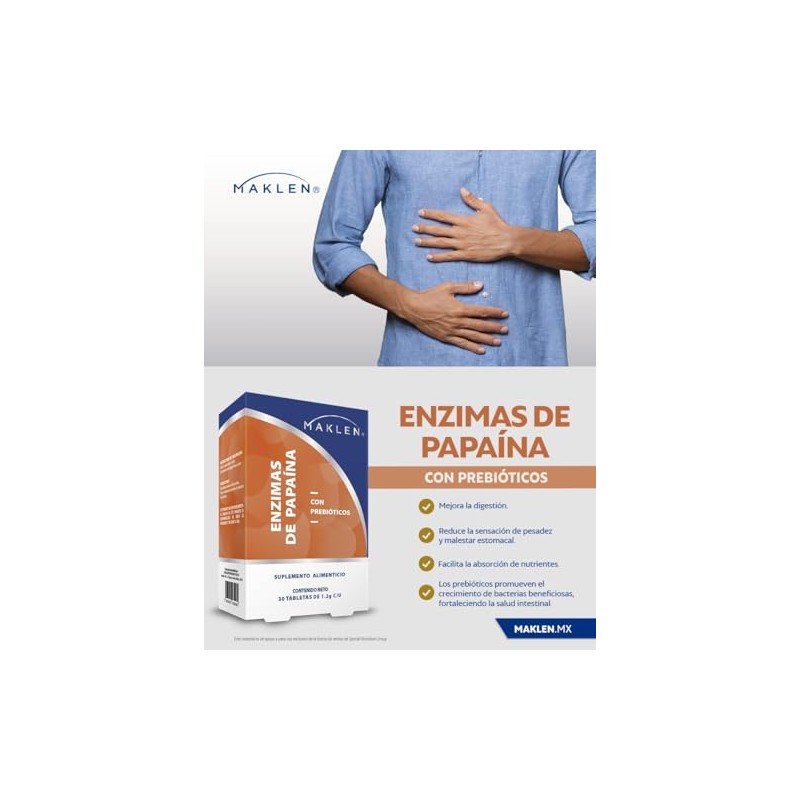 Maklen Enzimas de Papaya con Prebióticos, 30 Tabletas de 1,2g,