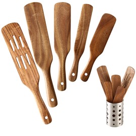 6 Pcs Wooden Spurtle Set for Cooking, NAYAHOSE Natural Teak Spurtles Set with Stainless Steel Storage Barrel, Wood Kitchen Utensils Tools