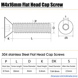 100 Pieces M4x16 Silver Countersunk Screws Stainless Steel Hex Metric Thread Durable Countersunk Screws for Furniture, Engineering and DIY High Quality M4 Hex Socket Screws