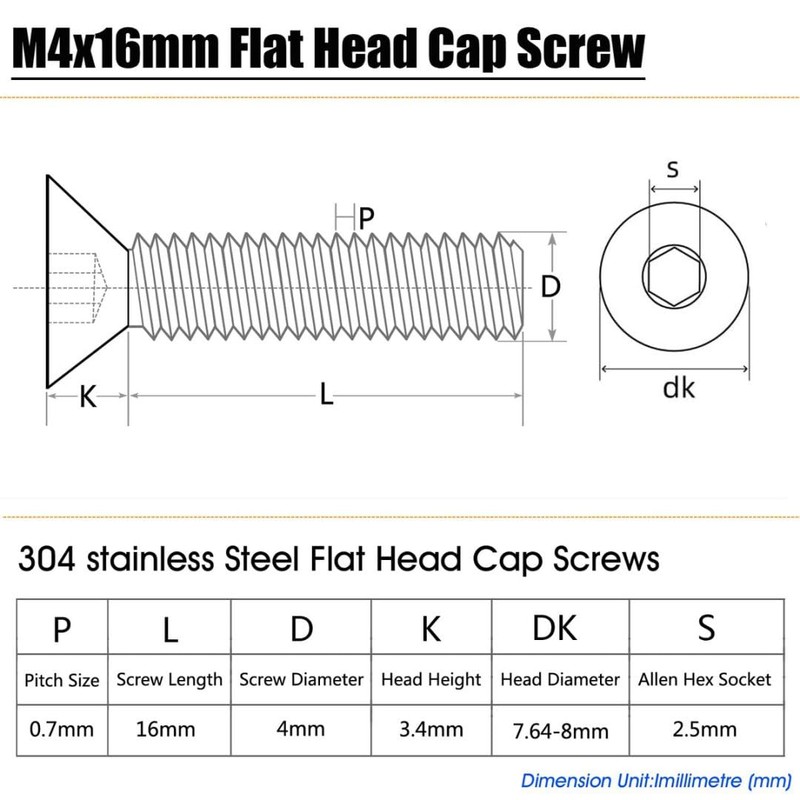 100 Pieces M4x16 Silver Countersunk Screws Stainless Steel Hex Metric