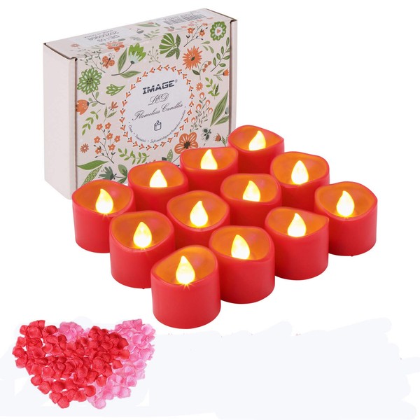 LED Tea Lights Pack of 12 Red Candles with Timer 6 Hours on 18 Hours Flickering Electric Tea Lights with 100 Rose Petals, Warm Yellow