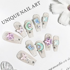 JODSONE Press on Nails Blue and Purple Star Rhinestone Square Fake Nail Tips Finger Manicure for Women and Girls - Medium