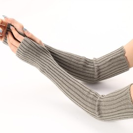 Women Knitted Arm Warmers Long Warm Arm Sleeves Fingerless Thumb Hole Gloves Winter Wrist Warmers Over Elbow Gloves Light Grey