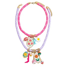 Hellodr Stylish Double Layered Egg Flower Printed Fish Charms Rope Necklace for Women, Multi-Layer Colorful Floral Pendant Braided Rope Necklaces, Summer Beach Festival Jewelry Gift