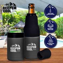 Keep Em Cool Vacuum Insulated Drink Bottle & Can Cooler With Opener - Double Walled, Stainless Steel Cooler For Beers & Beverages - Easy To Hold For BBQs & Camping - Great Gift (Grey)