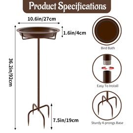 KHayRovies Metal Bird Bath for Outside, 36.2" Height Birdbath Bowl Standing Bird Feeders for Outdoors with 4 Prongs Base Stake, Freestanding Birdfeeders for Garden Yard Lawn Decor (Brown)