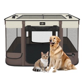 Foldable Pet Kitten Playpen, Upgrade Waterproof Portable Cat Dog Playpen Kennel Tent for Small Dog Cat, Retractable Shade Cover, Come with Free Carrying Case, Indoor Outdoor Use for Small Pet, Brown