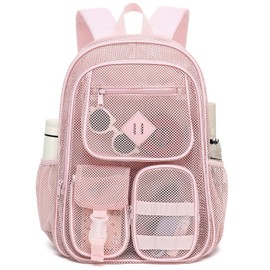 Cuayxox Light Pink Mesh Backpack for Girls Boys, Heavy Duty School Bookbag Womens Semi-Transparent Net Back Pack for Work Travel Beach
