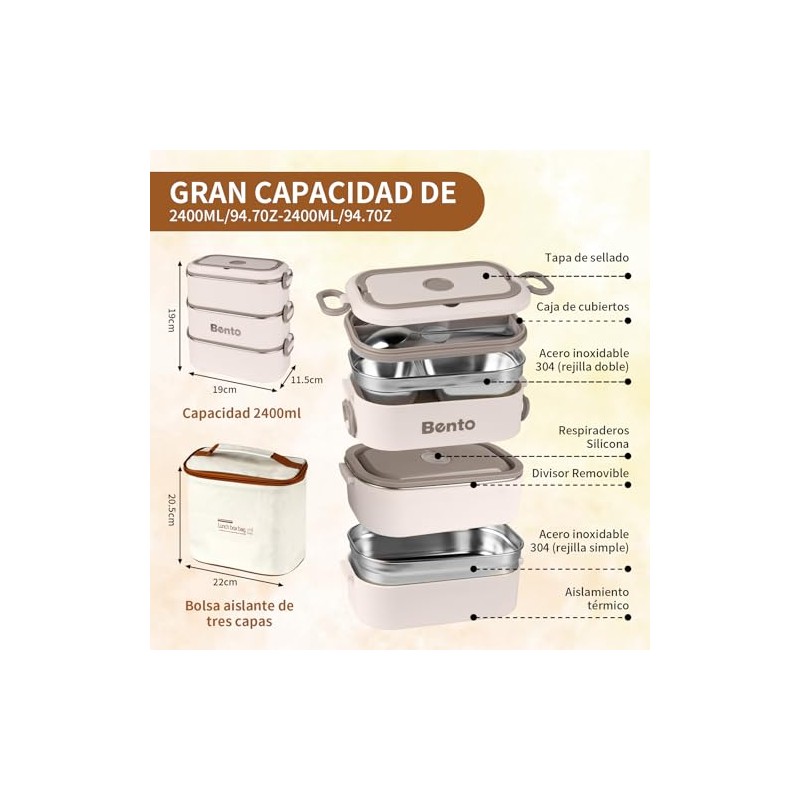 Bento Box, Lunch Box de 3 Capas 2400 ml con