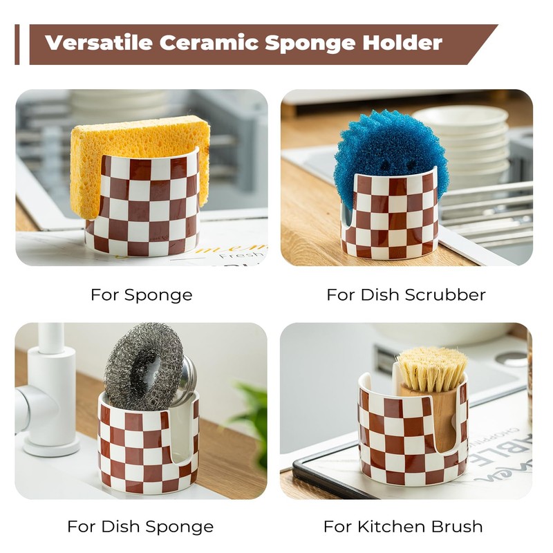 Checkered Sponge Holder for Kitchen Sink, Ceramic Dish Sponge Drying