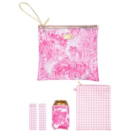 Lilly Pulitzer Water Resistant Vinyl Beach Day Pouch, Zipper Bag Includes Drink Hugger, Small Pouch, and Towel Clips (Palm Beach Toile)